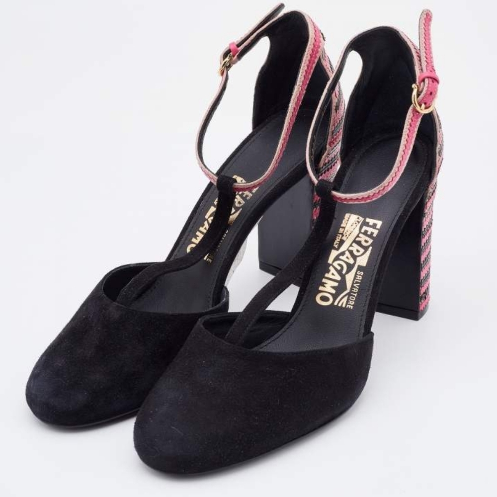 Salvatore Ferragamo Black/Pink Suede And Leather Fergie T-Strap Pumps - Picture 2 of 13